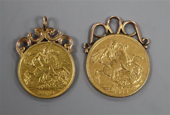 A 1912 gold full sovereign with pendant mount and a 1913 half sovereign with pendant mount